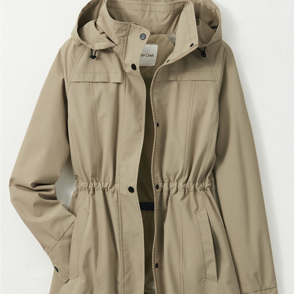Packable Tan Rain Jacket with Hood and Drawstring Waist